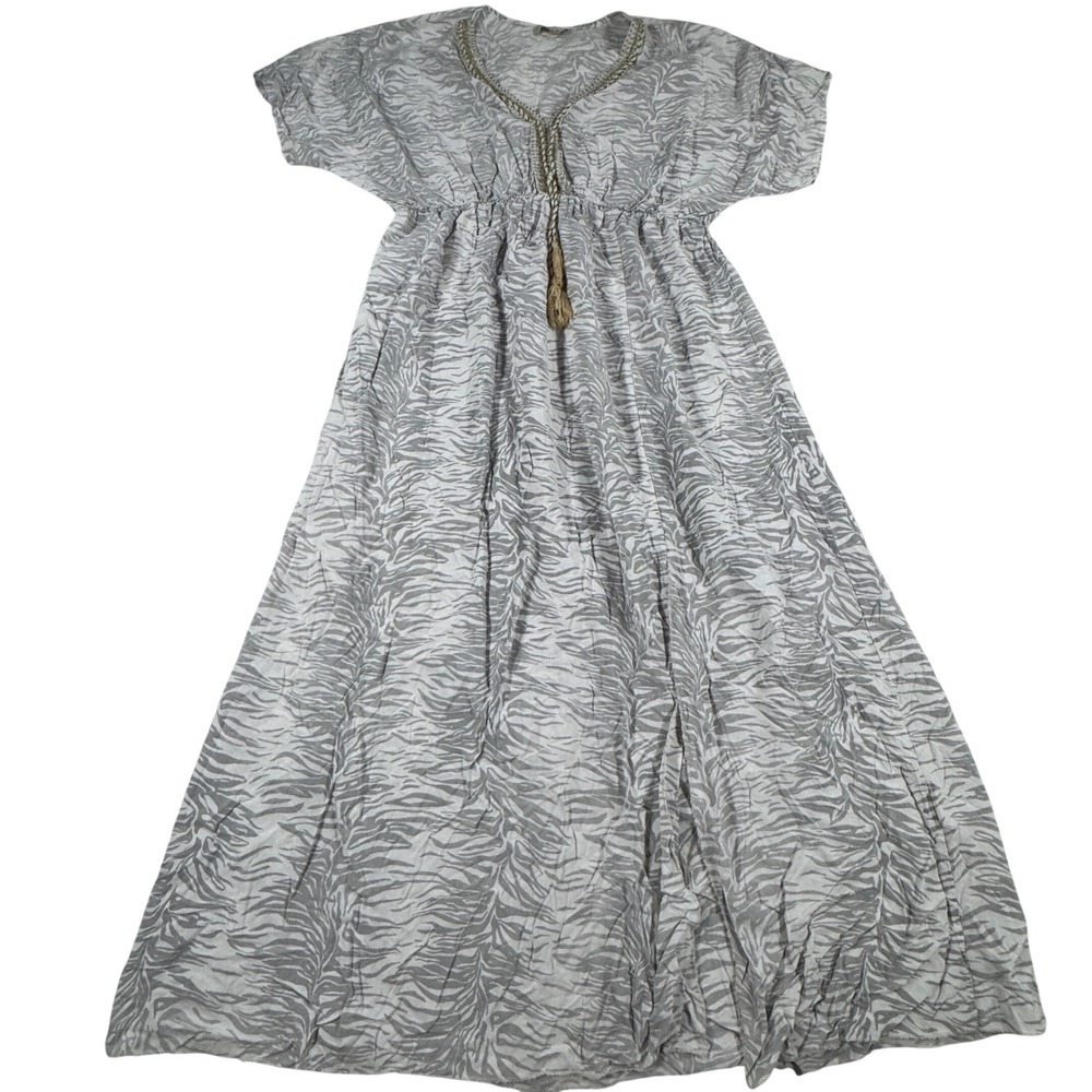 Bellambra Italy Grey Zebra Print Viscose Maxi Dress Women's L Tassel V-Neck Boho